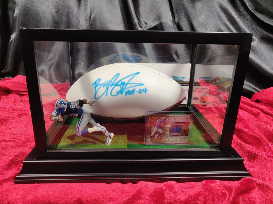 Barry Sanders Autographed Football Shadowbox HOF 04 Lions w/ Card & Figure