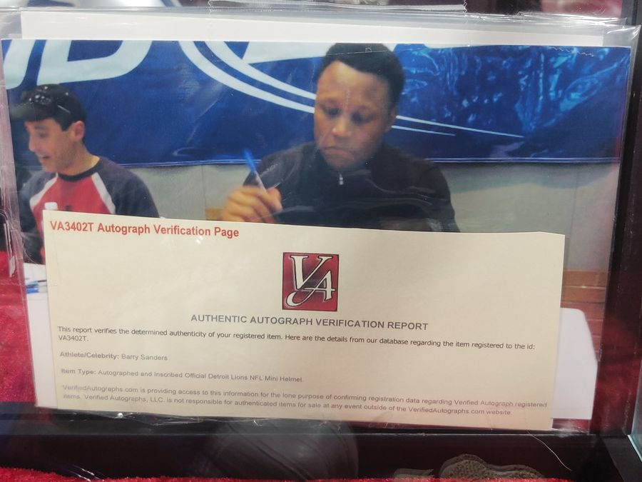 Barry Sanders Lions Autographed Mini Helmet Shadowbox w/ Jersey Card and Figure