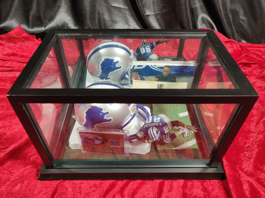Barry Sanders Lions Autographed Mini Helmet Shadowbox w/ Jersey Card and Figure