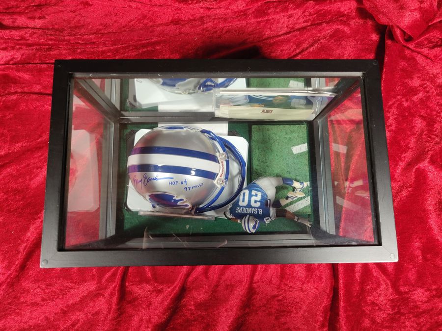Barry Sanders Lions Autographed Mini Helmet Shadowbox w/ Jersey Card and Figure