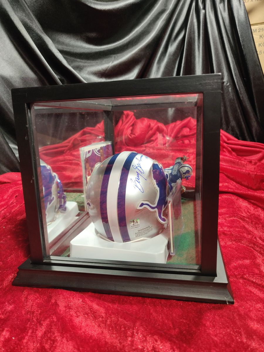 Barry Sanders Lions Autographed Mini Helmet Shadowbox w/ Jersey Card and Figure
