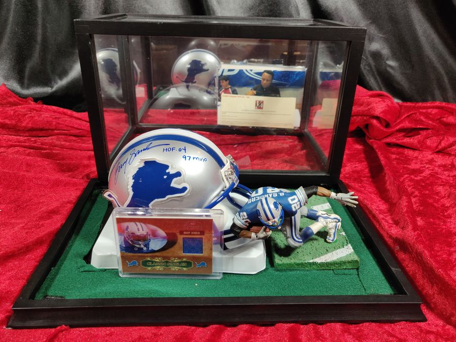 Barry Sanders Lions Autographed Mini Helmet Shadowbox w/ Jersey Card and Figure
