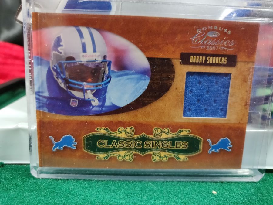 Barry Sanders Lions Autographed Mini Helmet Shadowbox w/ Jersey Card and Figure