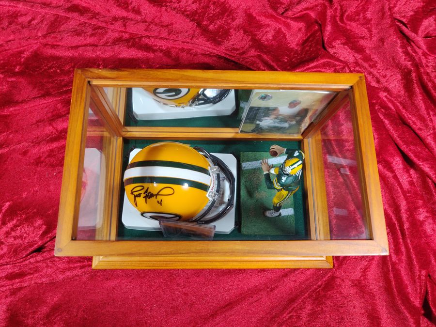 Brett Favre Green Bay Packers Autographed Mini Helmet Shadowbox w/ Card + Figure