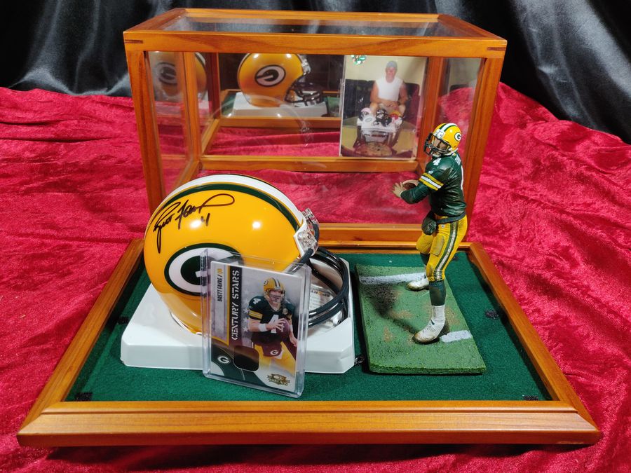 Brett Favre Green Bay Packers Autographed Mini Helmet Shadowbox w/ Card + Figure