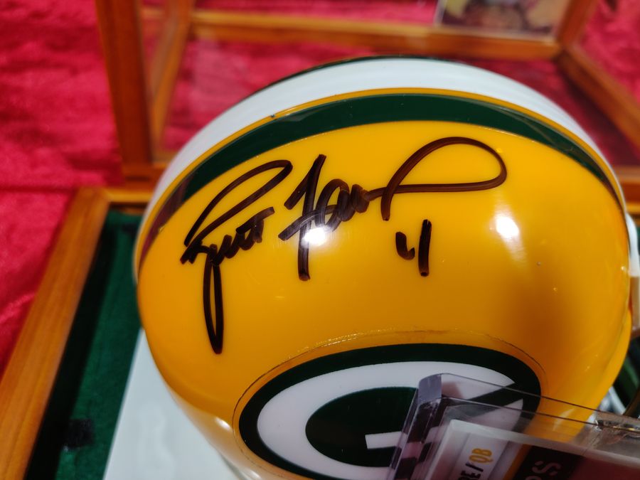 Brett Favre Green Bay Packers Autographed Mini Helmet Shadowbox w/ Card + Figure