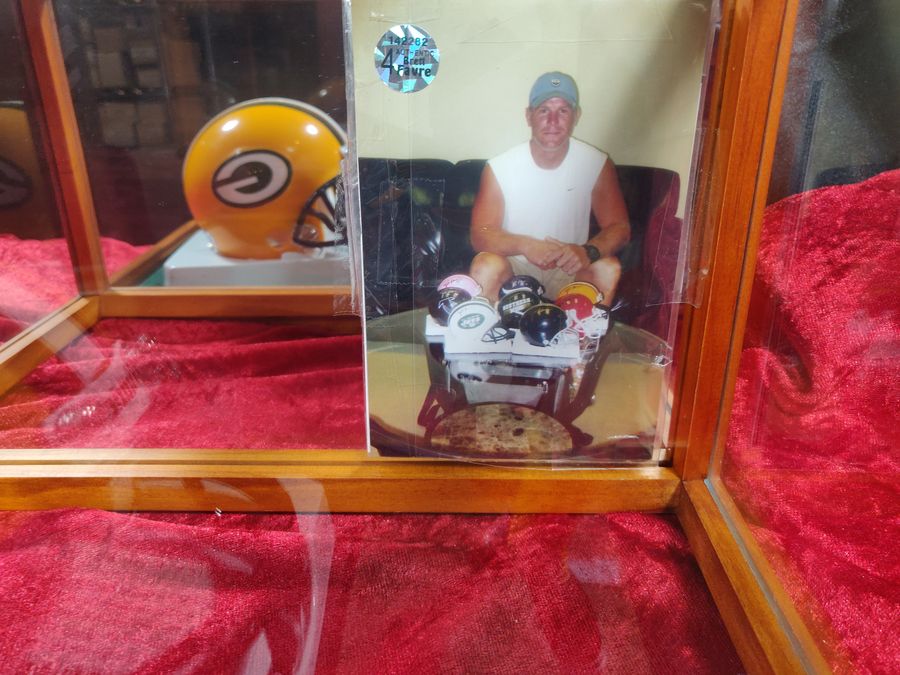 Brett Favre Green Bay Packers Autographed Mini Helmet Shadowbox w/ Card + Figure