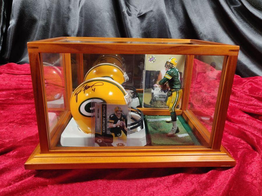 Brett Favre Green Bay Packers Autographed Mini Helmet Shadowbox w/ Card + Figure