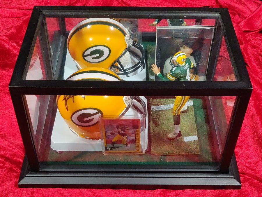 Brett Favre Green Bay Packers Autographed Mini Helmet Shadowbox w/ Card and Figure