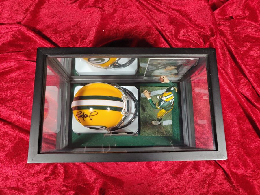 Brett Favre Green Bay Packers Autographed Mini Helmet Shadowbox w/ Card and Figure