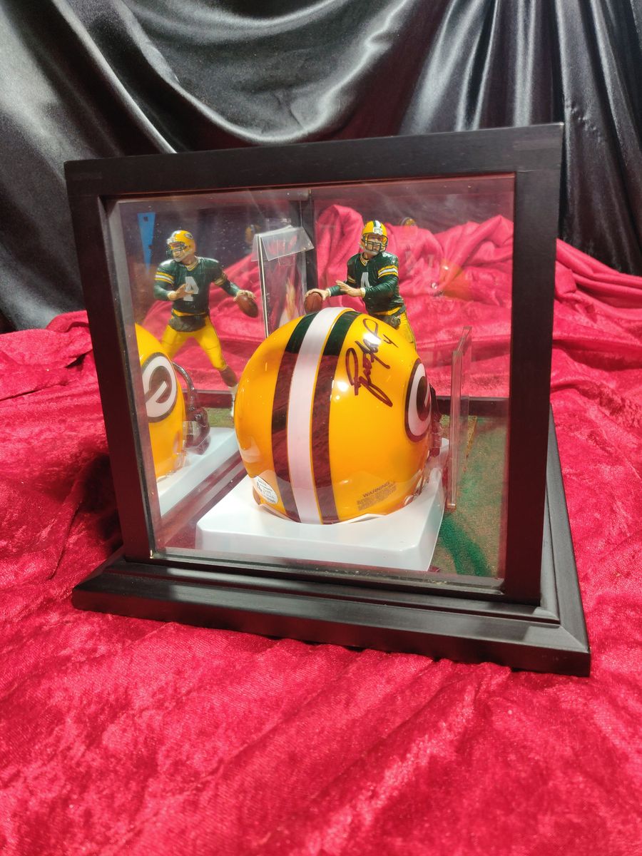 Brett Favre Green Bay Packers Autographed Mini Helmet Shadowbox w/ Card and Figure