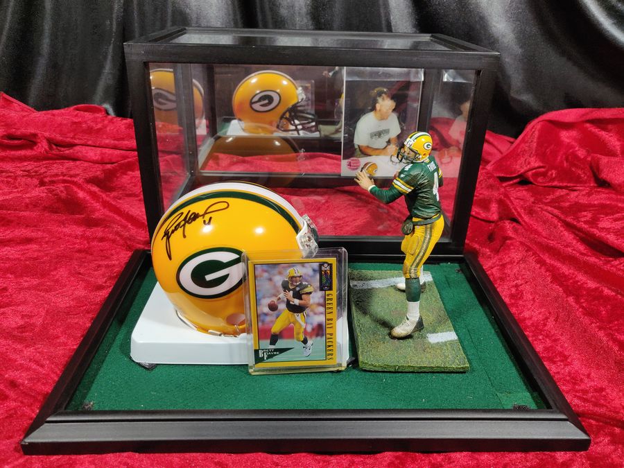 Brett Favre Green Bay Packers Autographed Mini Helmet Shadowbox w/ Card and Figure