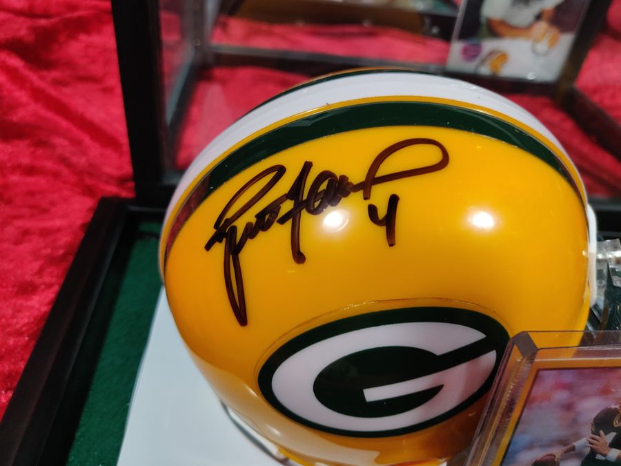 Brett Favre Green Bay Packers Autographed Mini Helmet Shadowbox w/ Card and Figure