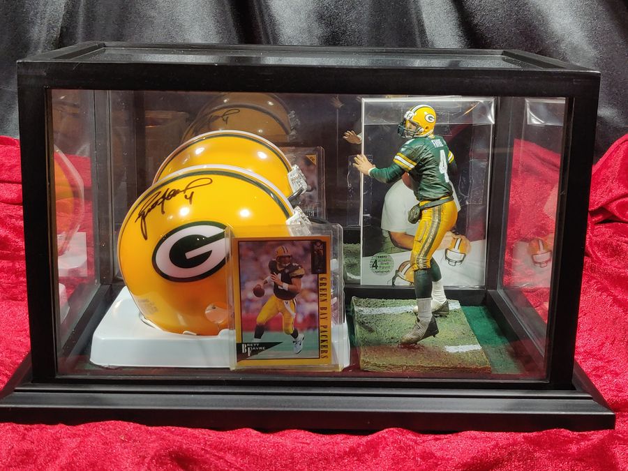 Brett Favre Green Bay Packers Autographed Mini Helmet Shadowbox w/ Card and Figure