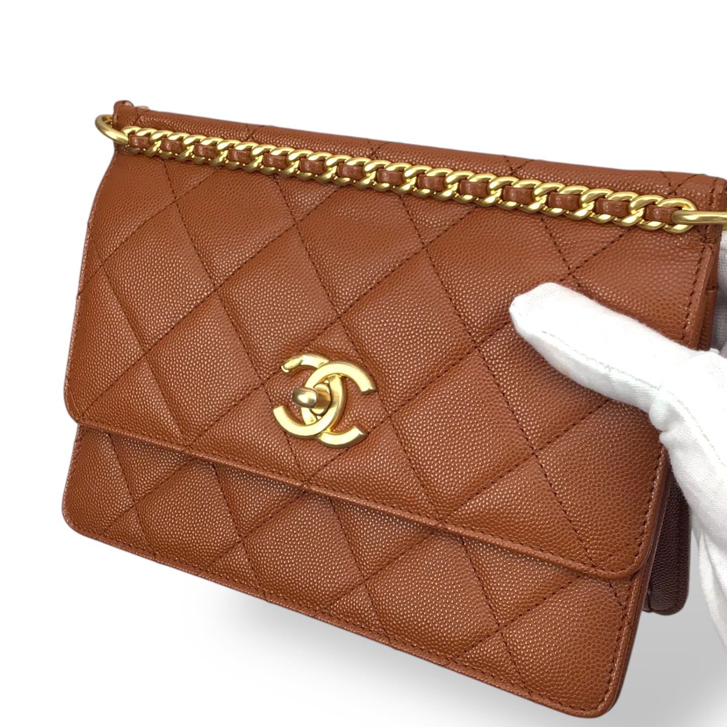 CHANEL Brown Caviar Chain Frame Flap Bag w/ Box & Dust Bag