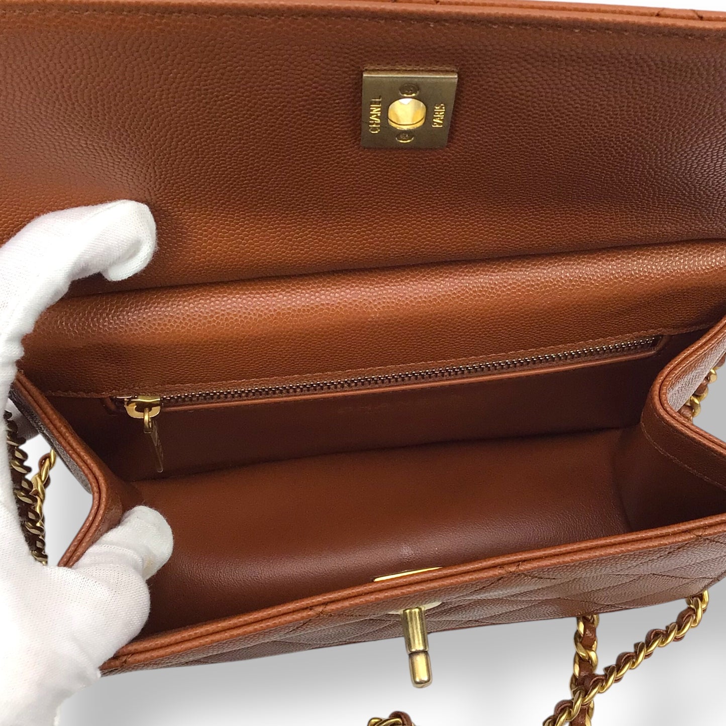 CHANEL Brown Caviar Chain Frame Flap Bag w/ Box & Dust Bag