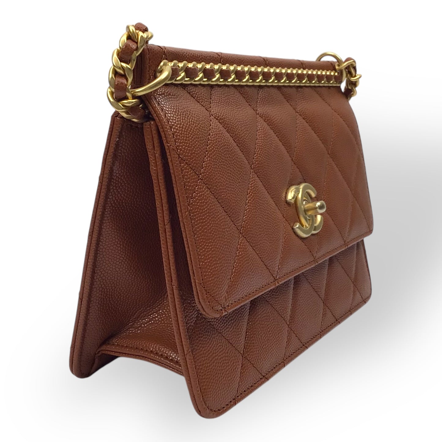 CHANEL Brown Caviar Chain Frame Flap Bag w/ Box & Dust Bag