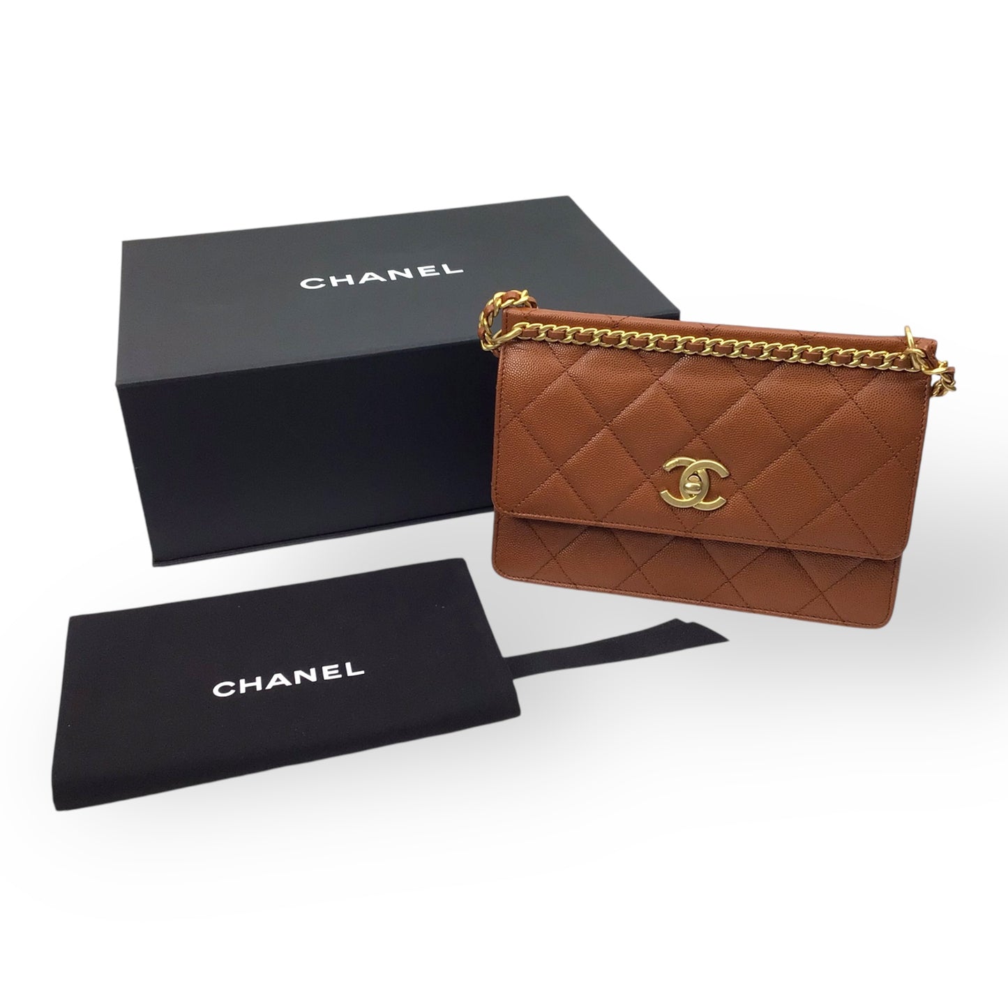 CHANEL Brown Caviar Chain Frame Flap Bag w/ Box & Dust Bag