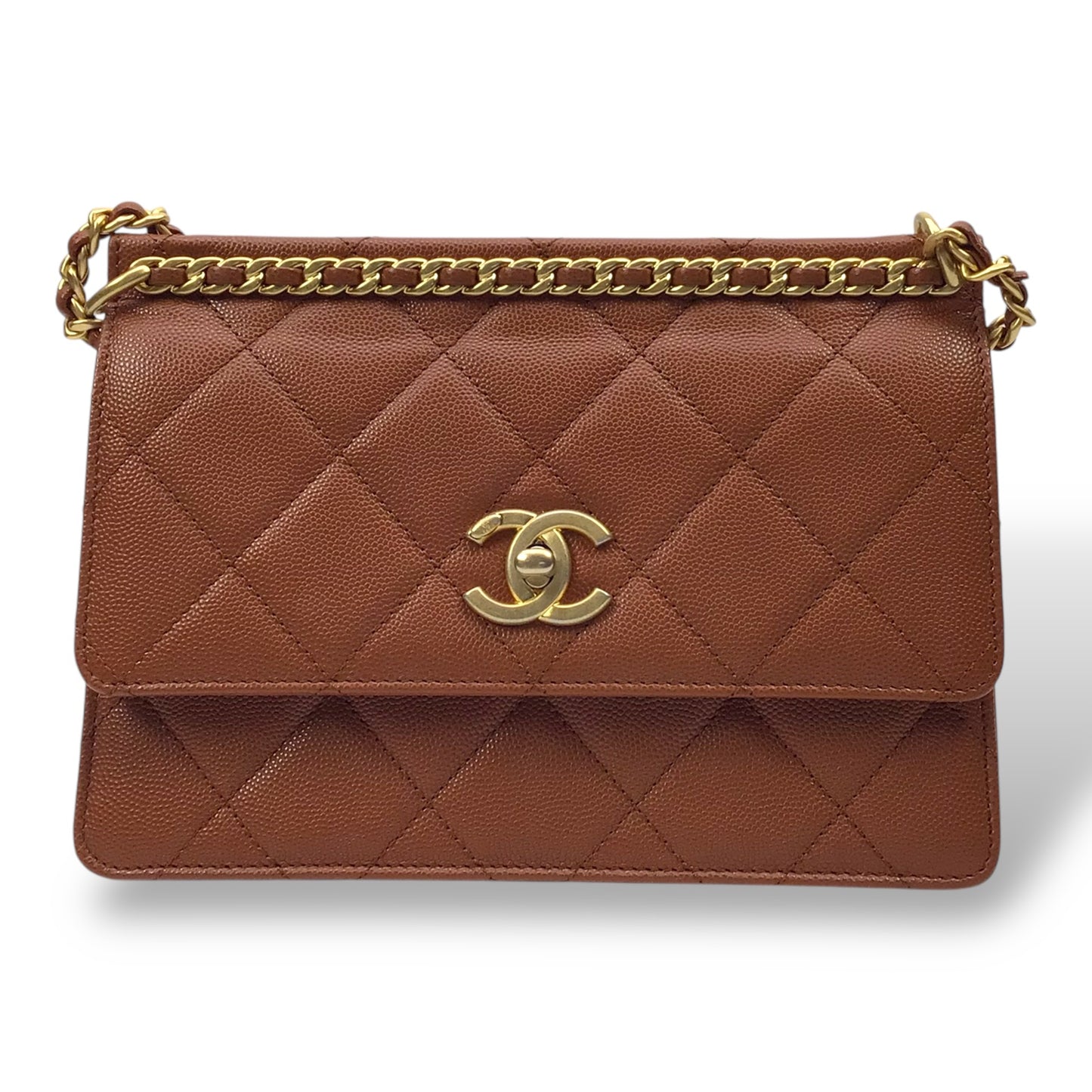 CHANEL Brown Caviar Chain Frame Flap Bag w/ Box & Dust Bag