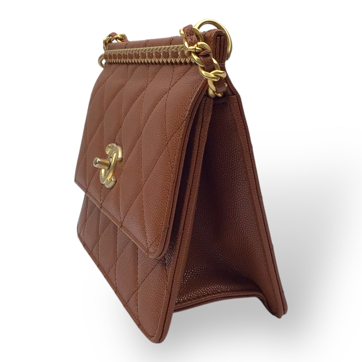 CHANEL Brown Caviar Chain Frame Flap Bag w/ Box & Dust Bag