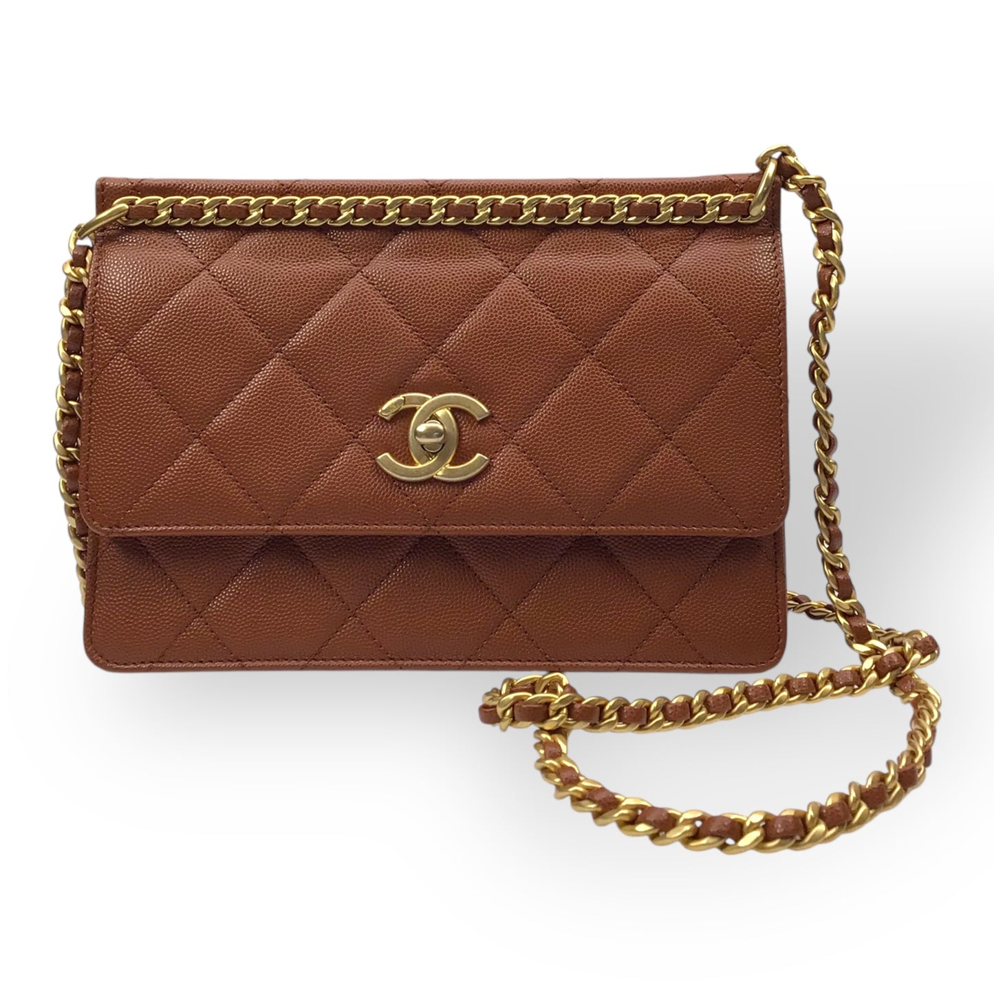 CHANEL Brown Caviar Chain Frame Flap Bag w/ Box & Dust Bag
