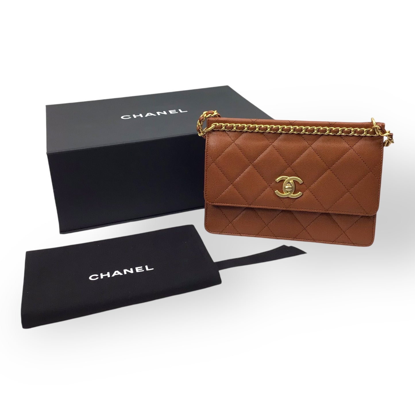 CHANEL Brown Caviar Chain Frame Flap Bag w/ Box & Dust Bag