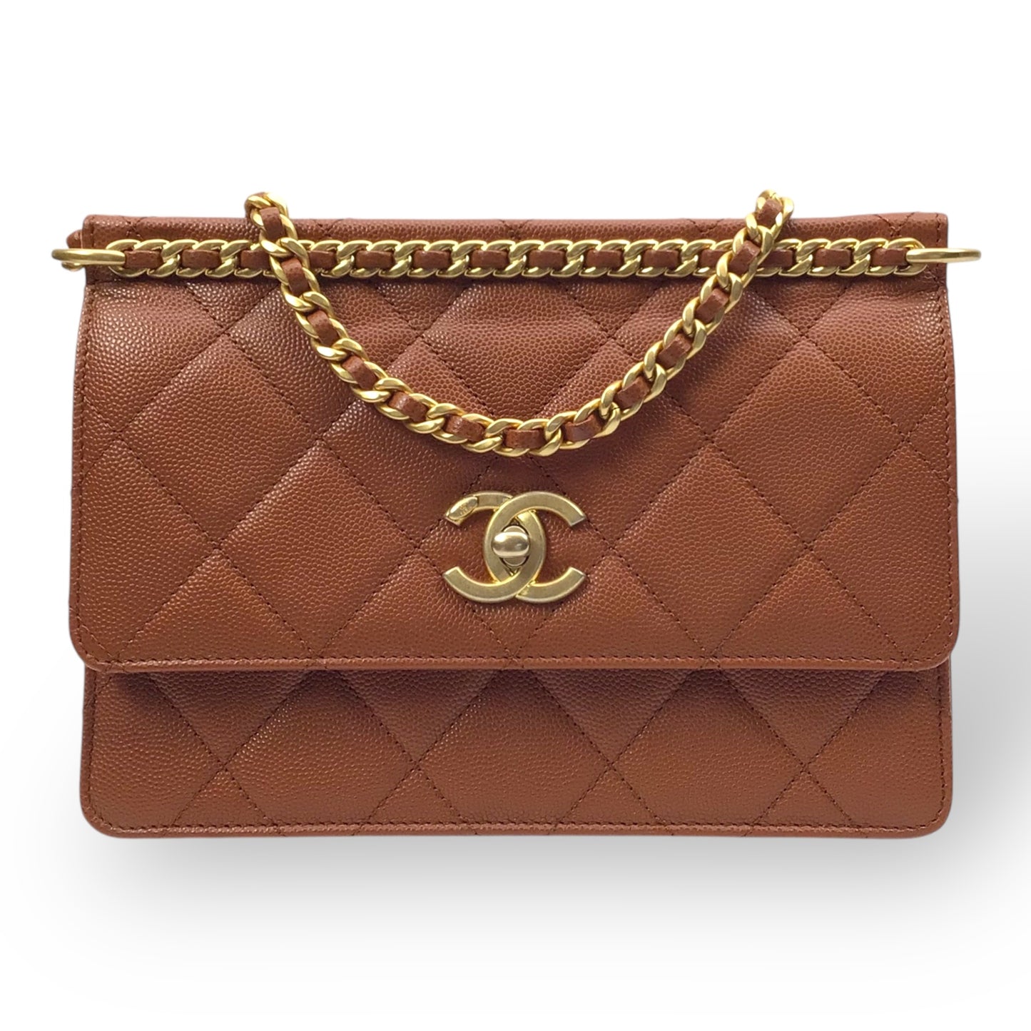 CHANEL Brown Caviar Chain Frame Flap Bag w/ Box & Dust Bag