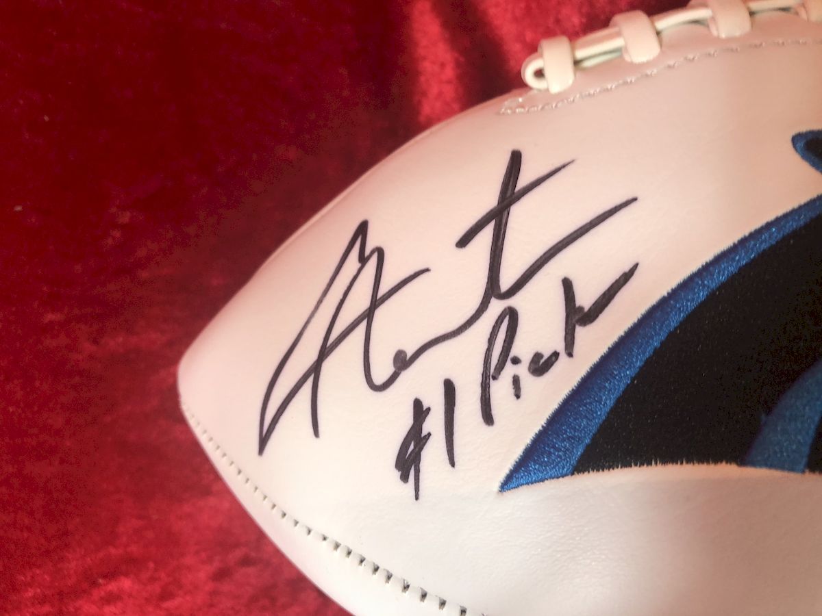 Cam Newton Panthers Signed Football w/ Figure & Jersey Card – GTSM COA Shadowbox