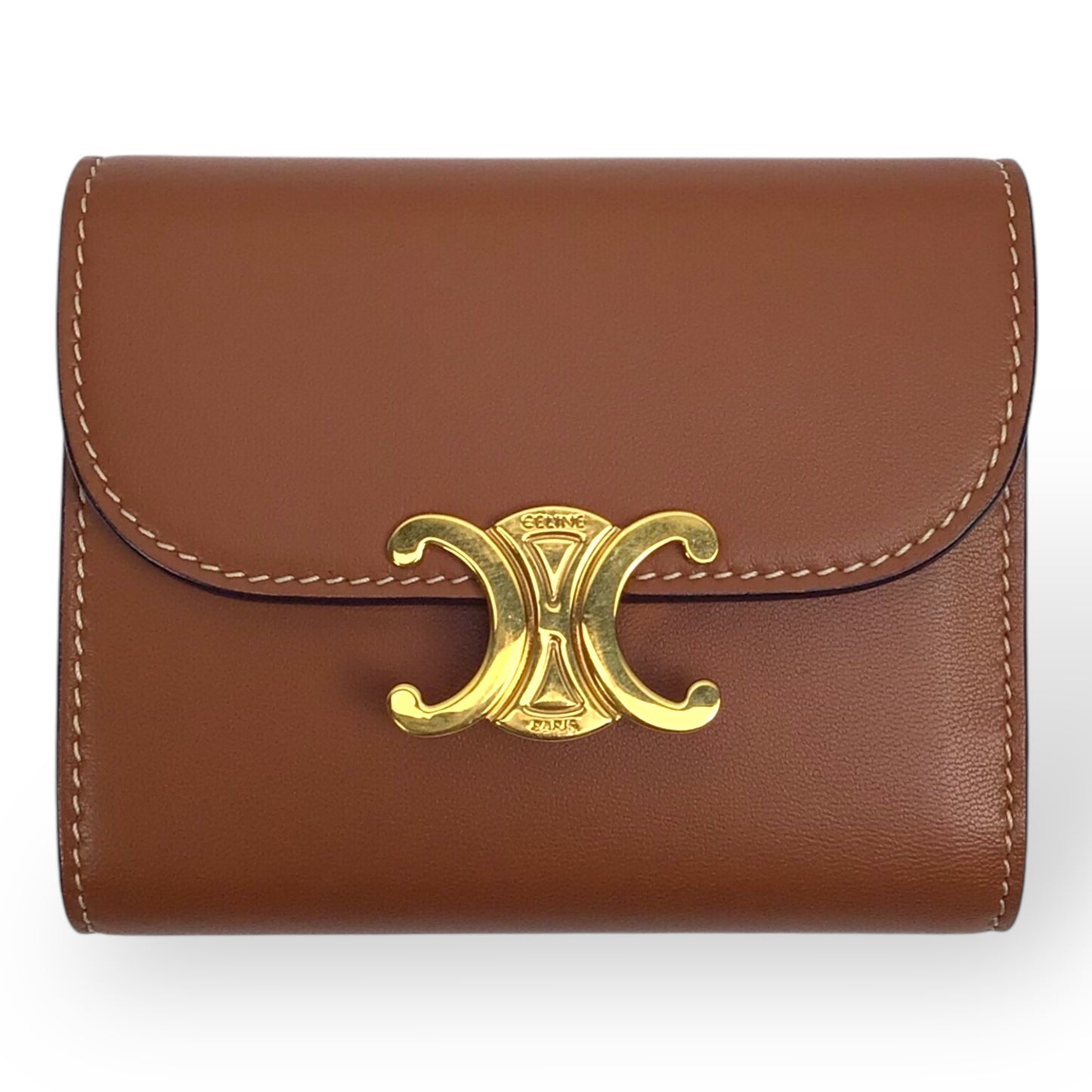Celine Small Triomphe Wallet Brown Leather w/Gold Logo Closure