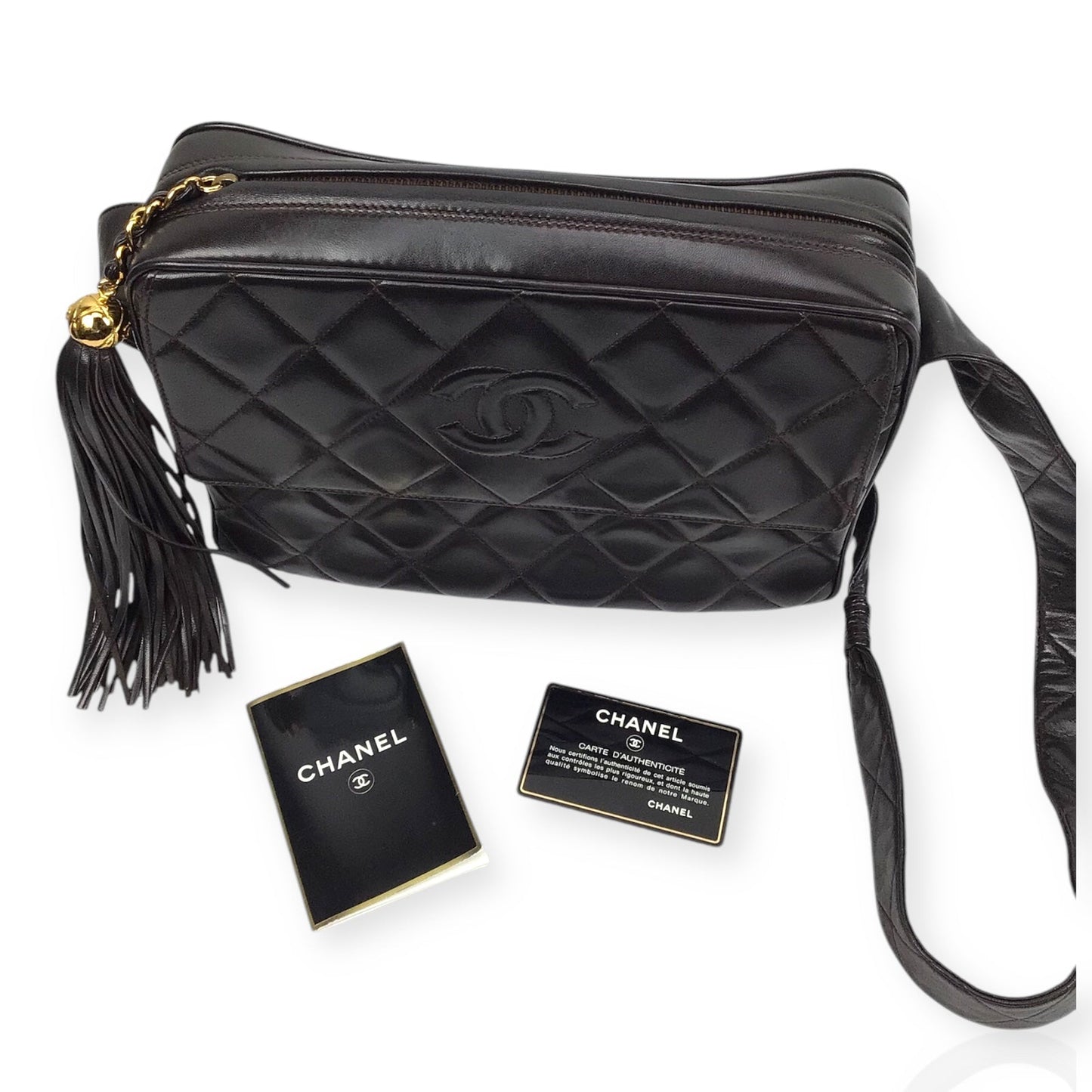 Chanel Large Camera Bag in Brown Quilted Lambskin Leather with Tassel Accent