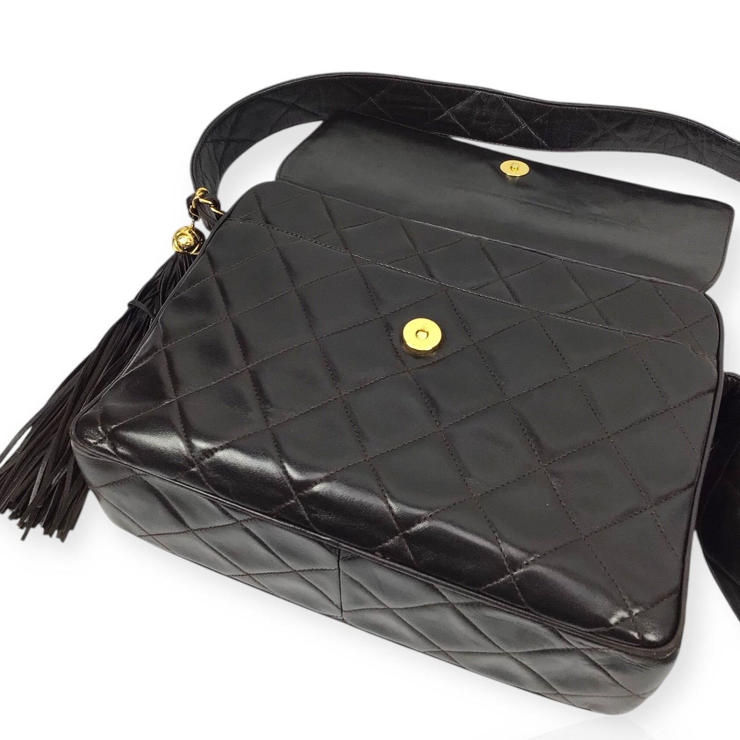 Chanel Large Camera Bag in Brown Quilted Lambskin Leather with Tassel Accent