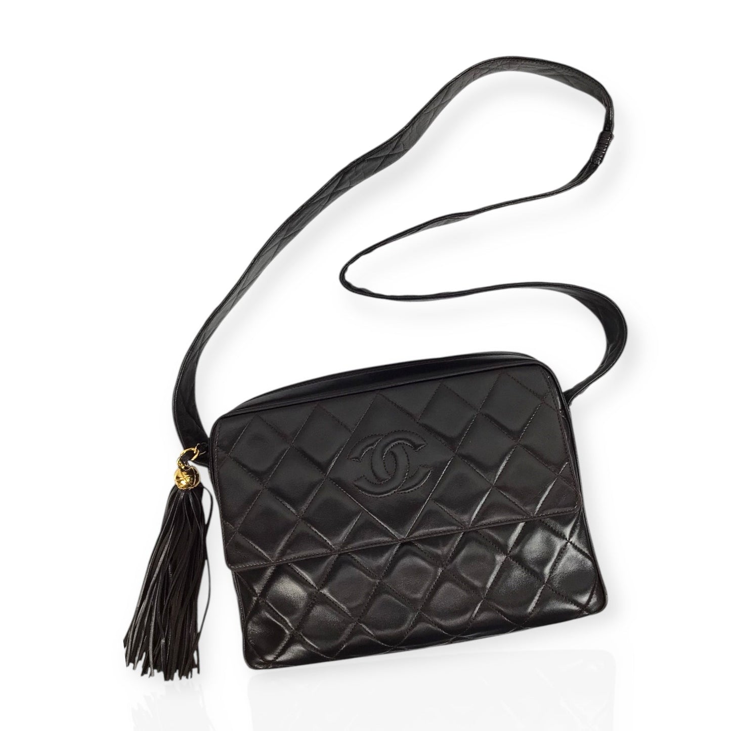 Chanel Large Camera Bag in Brown Quilted Lambskin Leather with Tassel Accent