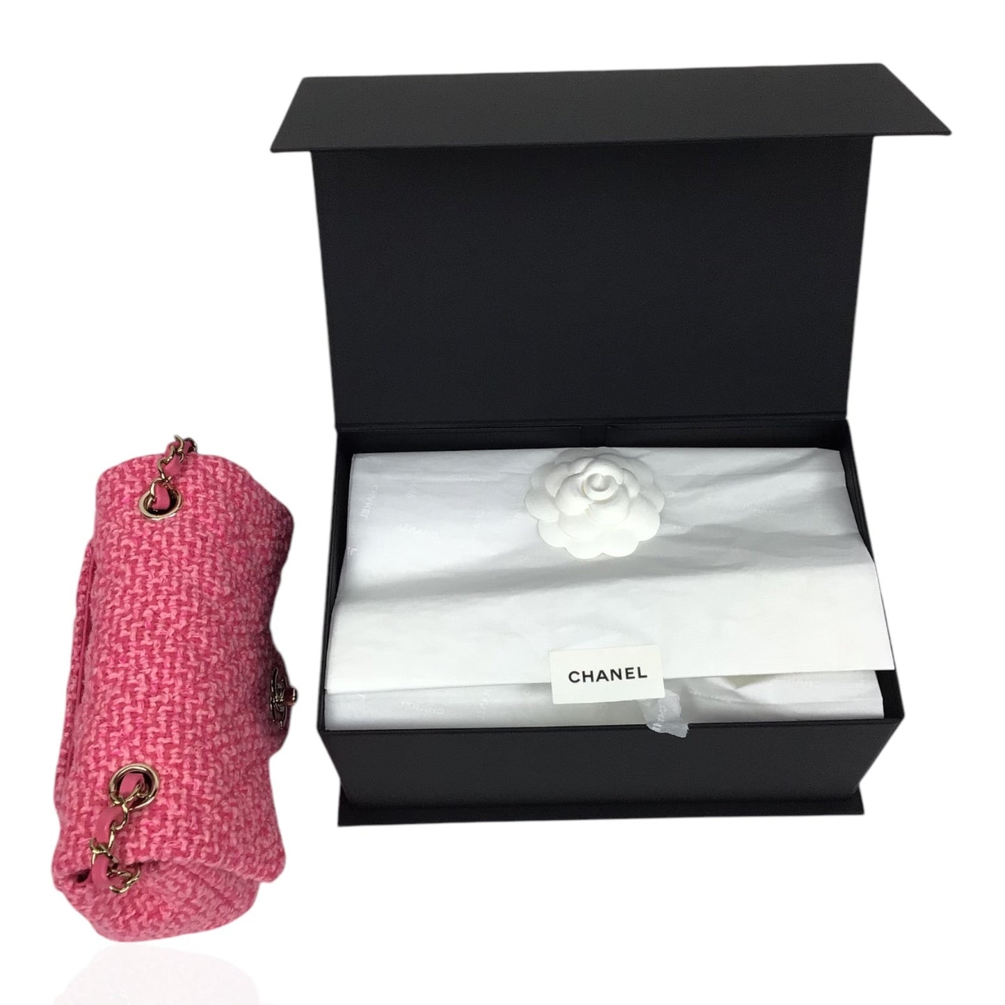 Chanel Mini Flap Bag Pink Tweed Gold Chain 2022 w/ Box & Dust Bag