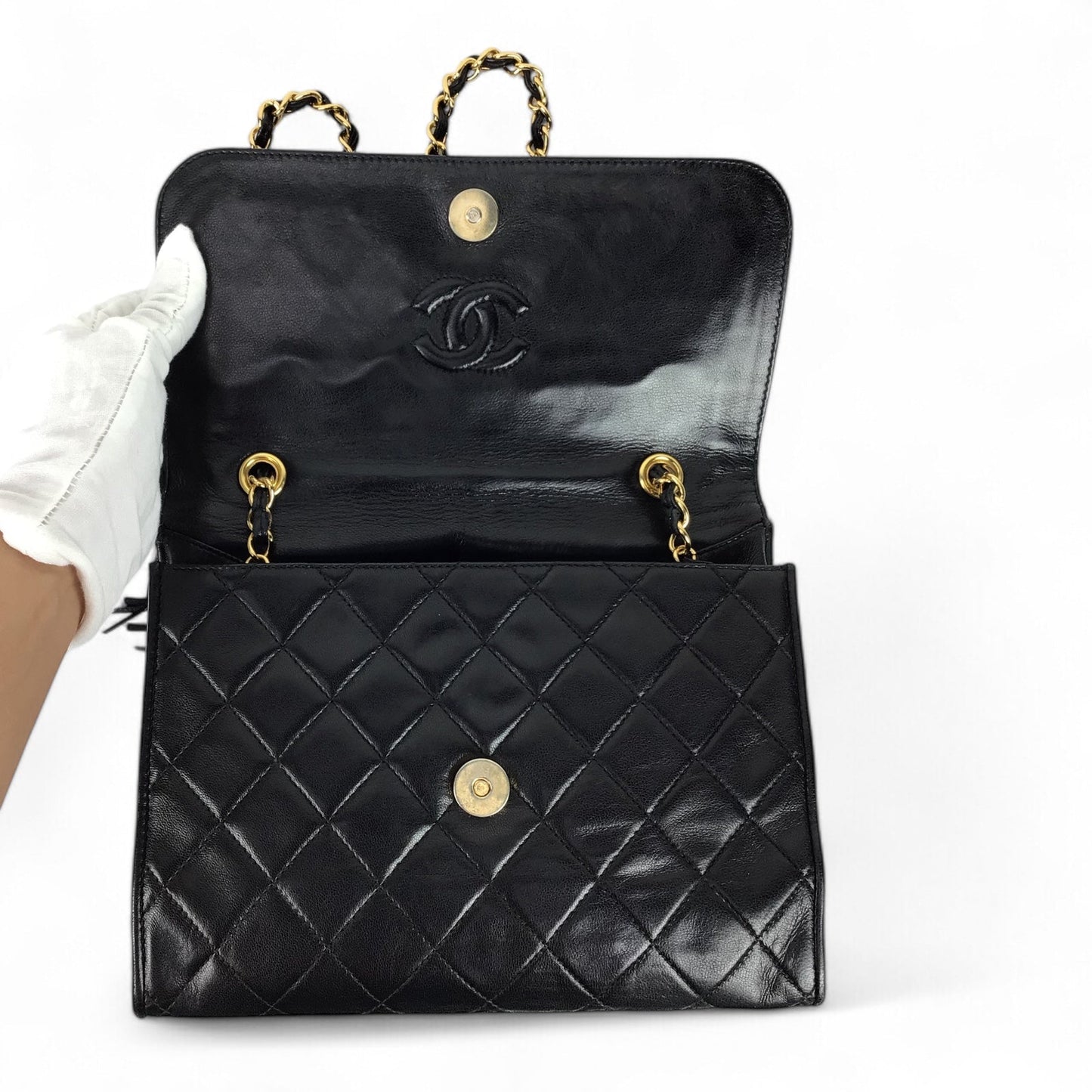 Chanel Vintage Tassel Flap Bag Black Lambskin Leather w/ Gold Hardware & Tassel