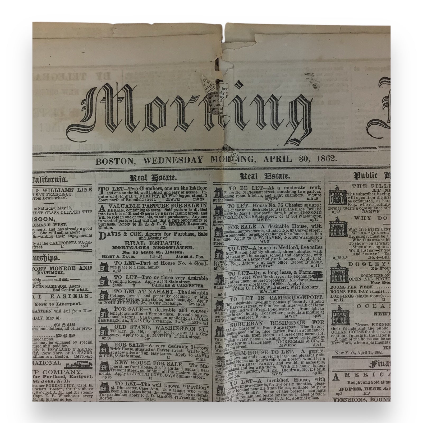 Civil War Newspaper Boston Morning Journal Apr 30 1862 Gettysburg Provenance