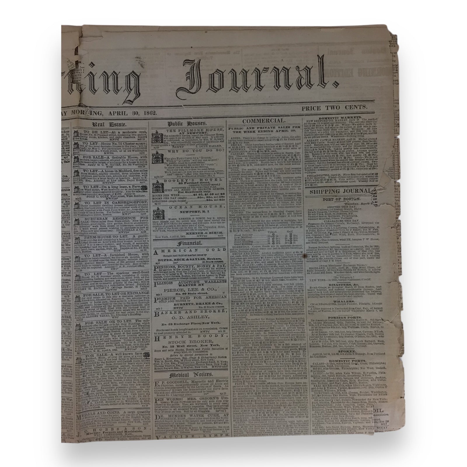 Civil War Newspaper Boston Morning Journal Apr 30 1862 Gettysburg Provenance