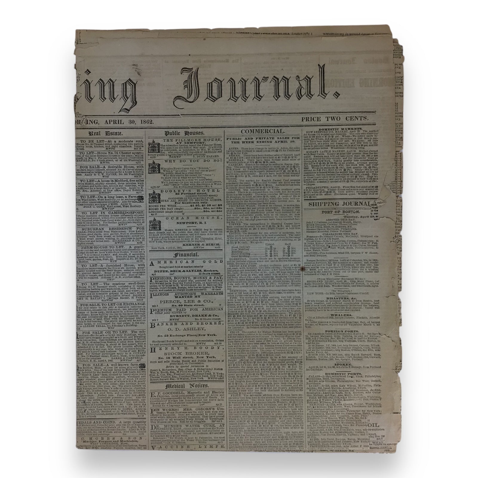 Civil War Newspaper Boston Morning Journal Apr 30 1862 Gettysburg Provenance