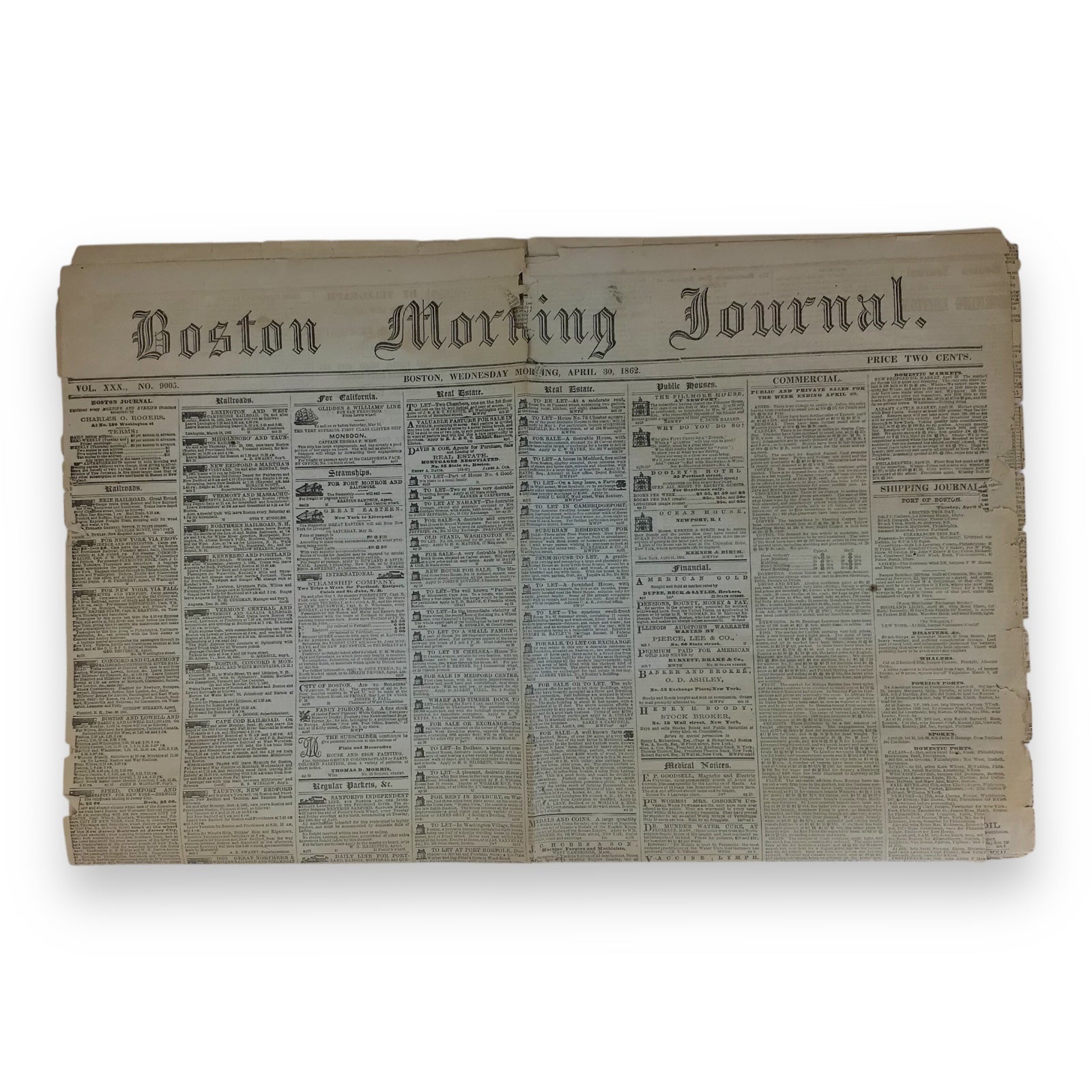 Civil War Newspaper Boston Morning Journal Apr 30 1862 Gettysburg Provenance