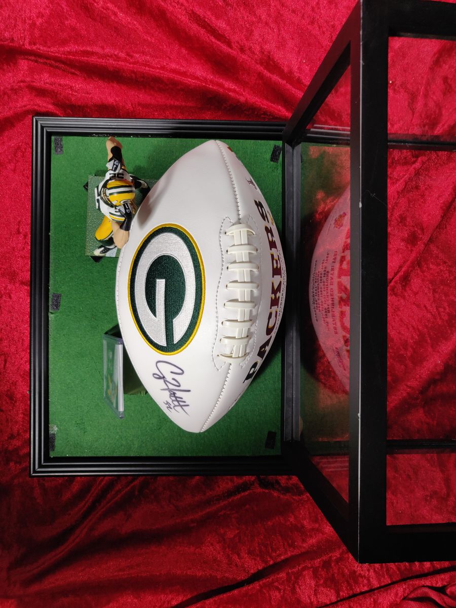 Clay Matthews Green Bay Autographed Football Shadowbox with Card and Figure
