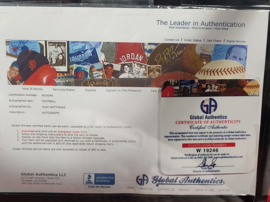 Clay Matthews Green Bay Autographed Football Shadowbox with Card and Figure