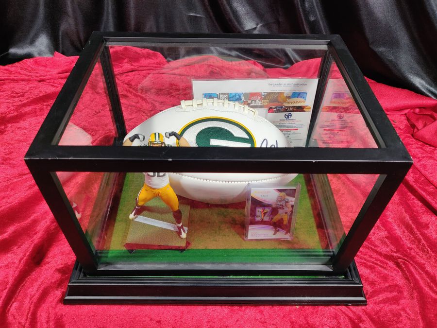 Clay Matthews Green Bay Autographed Football Shadowbox with Card and Figure