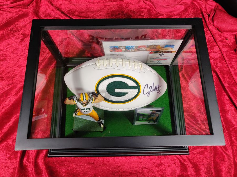 Clay Matthews Green Bay Autographed Football Shadowbox with Card and Figure
