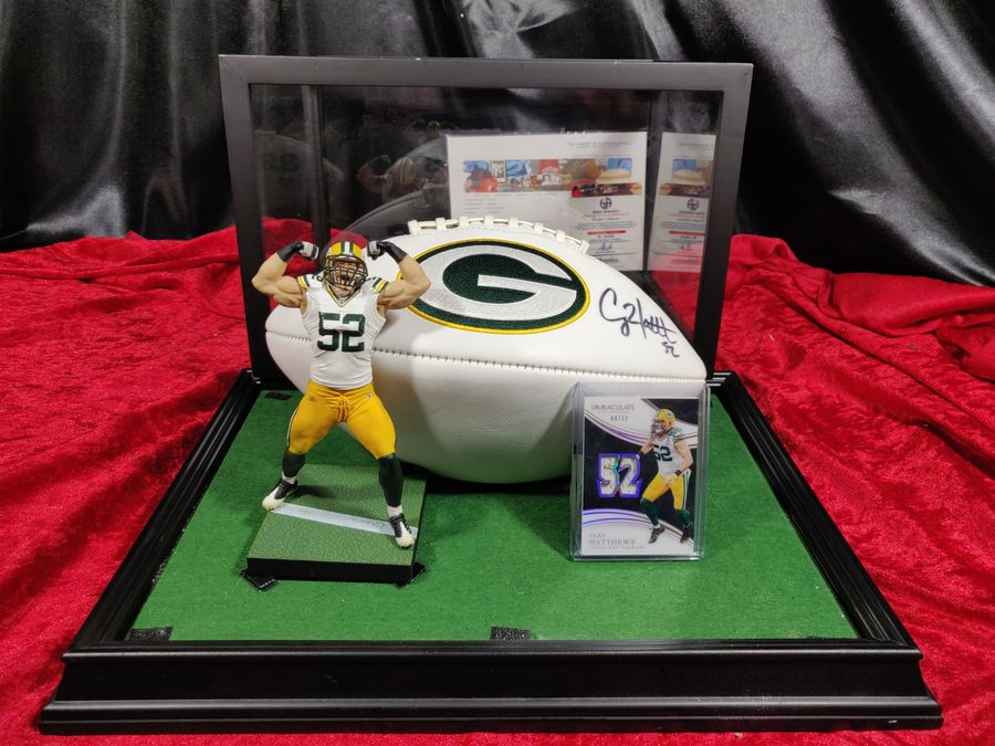 Clay Matthews Green Bay Autographed Football Shadowbox with Card and Figure