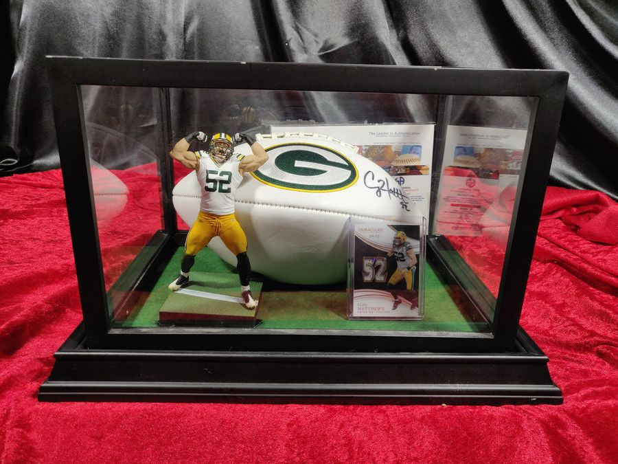 Clay Matthews Green Bay Autographed Football Shadowbox with Card and Figure
