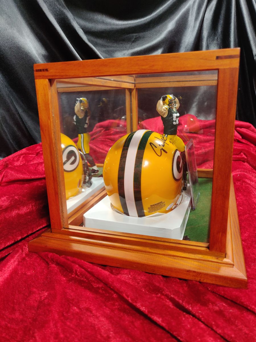 Clay Matthews Packers Autographed Mini Helmet Shadowbox w/ Jersey Card + Figure