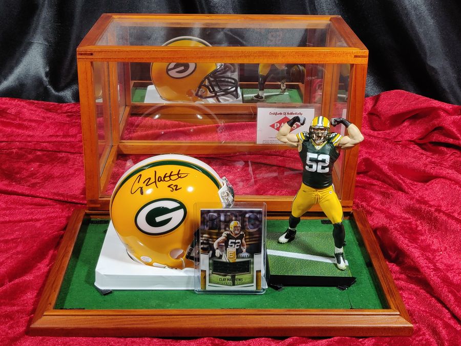 Clay Matthews Packers Autographed Mini Helmet Shadowbox w/ Jersey Card + Figure