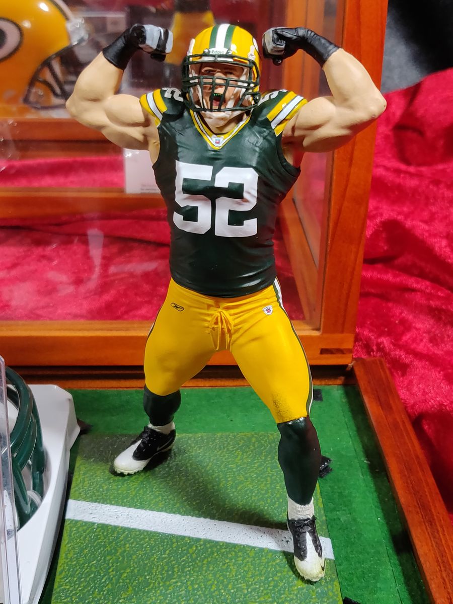 Clay Matthews Packers Autographed Mini Helmet Shadowbox w/ Jersey Card + Figure