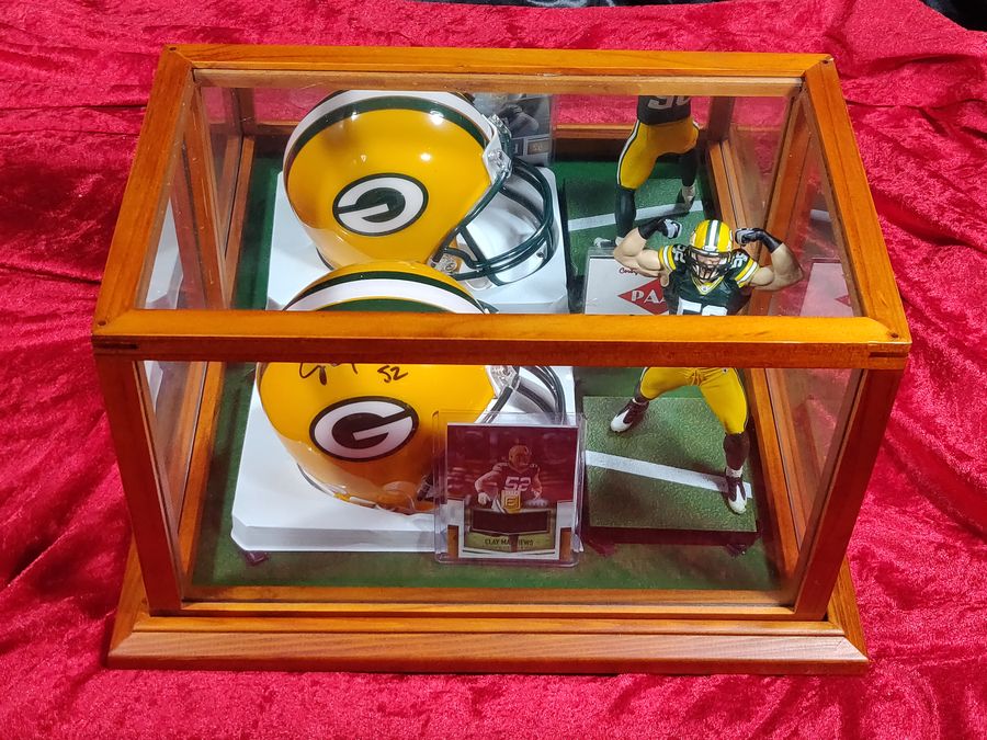 Clay Matthews Packers Autographed Mini Helmet Shadowbox w/ Jersey Card + Figure