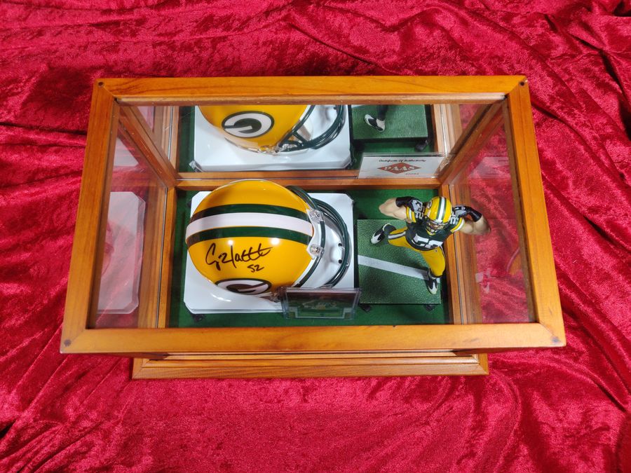 Clay Matthews Packers Autographed Mini Helmet Shadowbox w/ Jersey Card + Figure