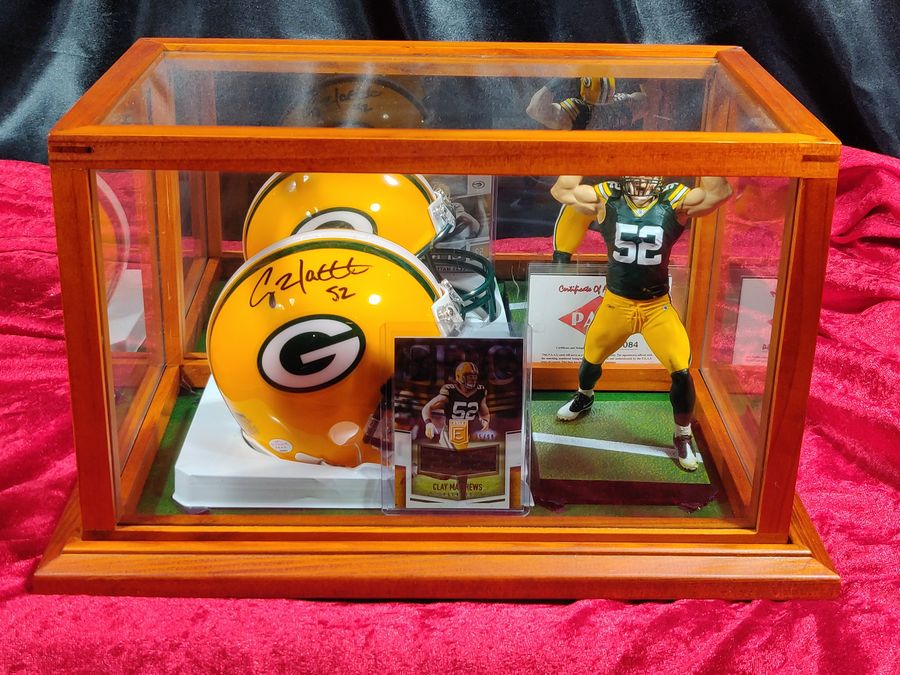 Clay Matthews Packers Autographed Mini Helmet Shadowbox w/ Jersey Card + Figure